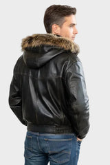 Echte schwarze kurze Herren Lederjacke mit Vollleder-Kapuze und Pelzrand