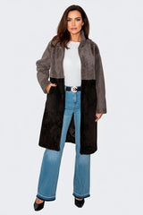 leichter Damen Lammfellmantel mit Lammwolle Curlylamm nach außen zweifarbig Stehkragen