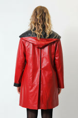 Damen Ledermantel als Swinger Ziegennappa rot Schwarz mit Schalkapuze