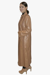langer Damen Ledermantel mit Stehkragen und Ziernähten, Farbe camel, Lammnappa