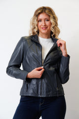 Kurze taillierte Damen Lederjacke in Lammnappa Navy Blue ohne Wattierung