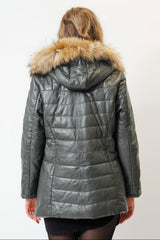 Kurzer Damen Lederparka gesteppt aus Lammnappa mit Kapuze in anthrazit