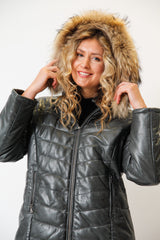 Kurzer Damen Lederparka gesteppt aus Lammnappa mit Kapuze in anthrazit