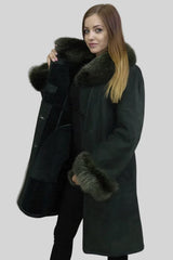 leichter lange Damen Lammfelljacke tannengrün