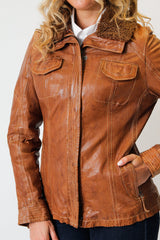 kurze taillierte Damen Lederjacke sportlich aus Lammnappa in vintage Braun
