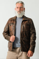 Halblange Herren Lederjacke aus Neuseeland Lammnappa antikbraun mit vielen Taschen