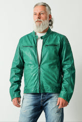 sportliche kurze grüne Herren-Lederjacke in Lammnappa mit Stehkragen