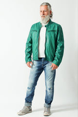 Kurze grüne Herren Bikerstyle Lederjacke in Lammnappa mit Stehkragen