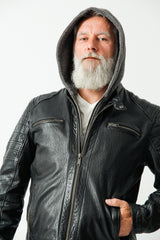Herren Bikerstyle Lederjacke aus Neuseelandlammnappa in schwarz mit Kapuzenhoody abnehmbar