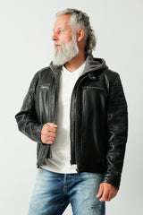 Kurze Herren Bikerstyle Lederjacke aus Neuseelandlammnappa schwarz mit Kapuzenhoody abnehmbar