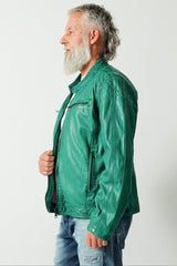 Kurze grüne Herren Bikerstyle Lederjacke in Lammnappa mit Stehkragen