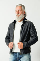 Kurze Herrenbikerstyle Lederjacke navy Blue in sheep Nubuk mit Kapuzeteil