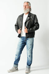 Kurze Herren Bikerlederjacke aus New Zealand Lammnappa schwarz antik Bubbleoptik