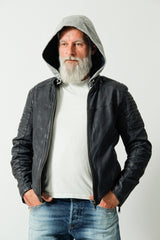 Kurze Herrenbikerstyle Lederjacke navy Blue in sheep Nubuk mit Kapuzeteil