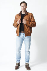 Herren Lederjacke kurz braun Stehkragen Buntjacke Lammnappa