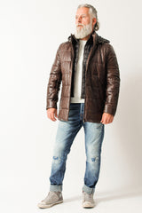 Winter Herren Lederparka gesteppt aus Lammnappa mit Kapuze und Doppelkragen