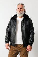 Herren Pilotenlederjacke aus Rindnappa in schwarz mit abnehmbaren Fellkragen
