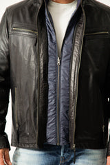 Herren Lederjacke schwarz Lammnappa mit heraustrennbare Textilsteppjacke in blau