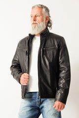 Herren Lederjacke schwarz Lammnappa mit heraustrennbare Textilsteppjacke in blau