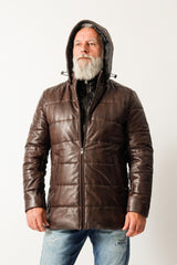 Winter Herren Lederparka gesteppt aus Lammnappa mit Kapuze und Doppelkragen