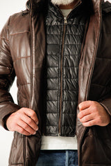 Winter Herren Lederparka gesteppt aus Lammnappa mit Kapuze und Doppelkragen