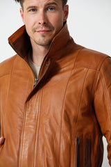 kurze echte Herren Lederjacke braun Krage Reißverschluss Taschen