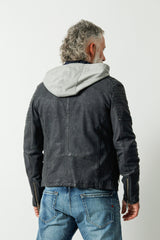 Kurze Herrenbikerstyle Lederjacke navy Blue in sheep Nubuk mit Kapuzeteil