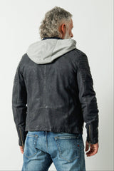 Kurze Herrenbikerstyle Lederjacke navy Blue in sheep Nubuk mit Kapuzeteil