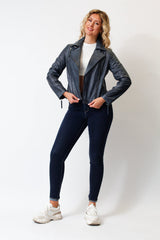 Kurze blaue Damen Bikerstyle Lederjacke aus weichen Lammnappa vintage Look