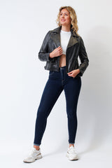 Kurze dunkelgraue Damen Bikerstyle Lederjacke aus weichen Lammnappa vintage Look