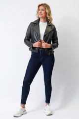 Kurze dunkelgraue echte Damen Bikerstyle Lederjacke aus weichen Lammnappa vintage Look
