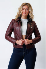 Damenbikerstyle Lederjacke aus Lammnappa rot bordo vintage Look mit Stoffkapuze abtrennbar