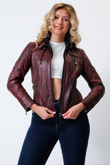 Damenbikerstyle Lederjacke aus Lammnappa Rot vintage Look mit Stoffkapuze abtrennbar