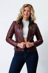 Damenbikerstyle Lederjacke aus Lammnappa Rot vintage Look mit Stoffkapuze abtrennbar