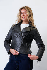 Kurze dunkelgraue Damen Bikerstyle Lederjacke aus weichen Lammnappa vintage Look