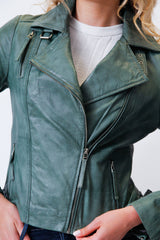 Kurze grüne Damen Lederjacke aus weichen Lammnappa schräger Reißverschluss