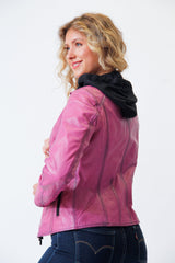 Kurze Damen Bikerstyle Lederjacke aus Lammnappa in Pink vintage Look