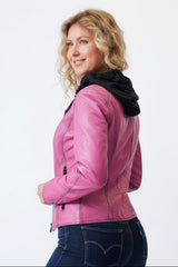 Kurze Damen Bikerstyle Lederjacke aus Lammnappa in Pink vintage Look