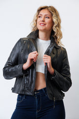 Kurze dunkelgraue Damen Bikerstyle Lederjacke aus weichen Lammnappa vintage Look