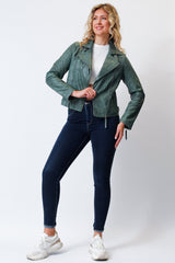 Kurze grüne Damen Bikerstyle Lederjacke aus weichen Lammnappa vintage Look