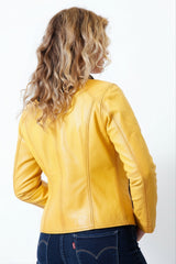 Kurze Damen Lederjacke antik Gelb aus Lammnappa mit Kapuze