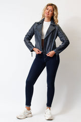 Kurze blaue Damen Bikerstyle Lederjacke aus weichen Lammnappa vintage Look