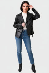 echte Damen Lederjacke Lammnappa schwarz, Doppelreiher, Revers, Gürtel, Strick