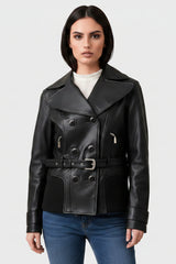 echte Damen Lederjacke Lammnappa schwarz, Doppelreiher, Revers, Gürtel, Strickbund unten