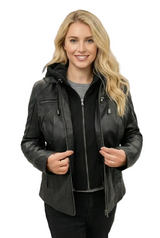 Sportliche kurze echte Damen Lederjacke in schwarz mit abnehmbare Stoffkapuze
