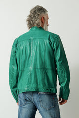Kurze grüne Herren Bikerstyle Lederjacke in Lammnappa mit Stehkragen