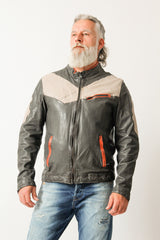 Sportliche dreifarbige kurze Herren Lederjacke mit Stehkragen aus Lammnappa