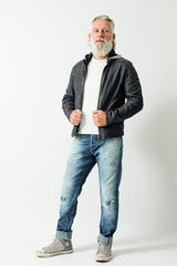 Kurze Herrenbikerstyle Lederjacke navy Blue in sheep Nubuk mit Kapuzeteil