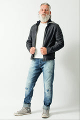 Kurze Herrenbikerstyle Lederjacke navy Blue in sheep Nubuk mit Kapuzeteil