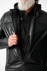 Herren Biker Lederjacke aus Kalsnappa robust in schwarz und hoodie